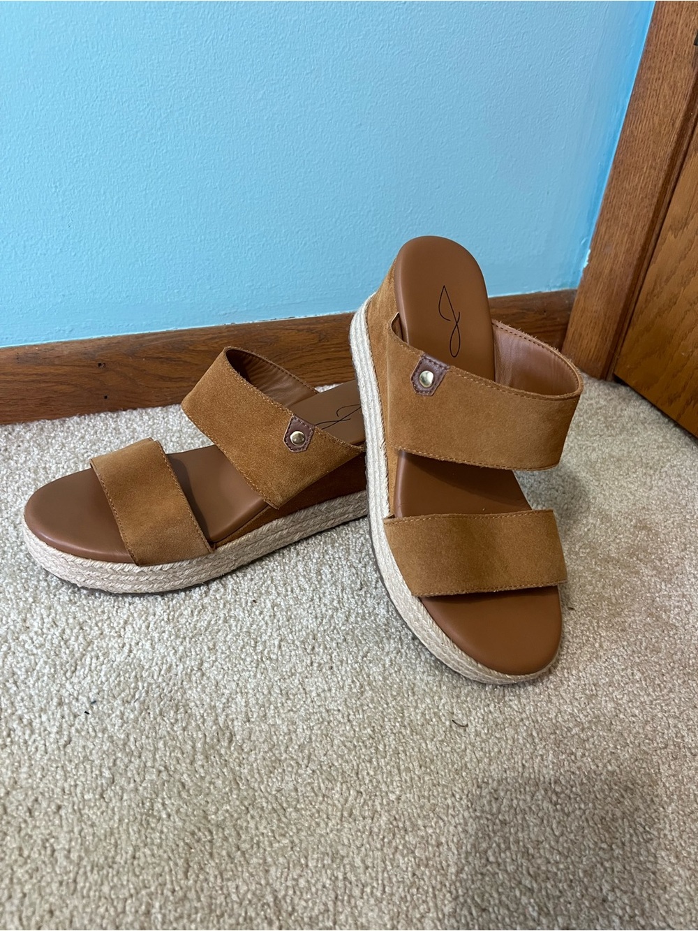 Suede Double-Strap Wedge Sandals in chestnut brown